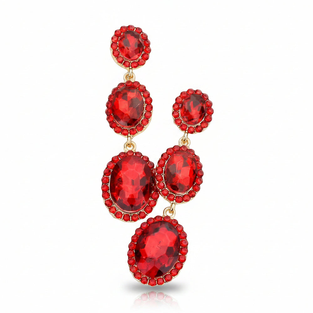 Triple Oval Crystal Drop Earrings – Red Statement Evening Earrings