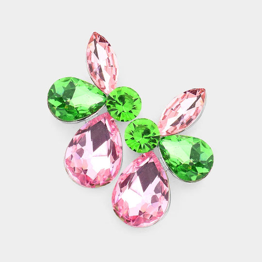 Pink and Green Teardrop Crystal Cluster Earrings