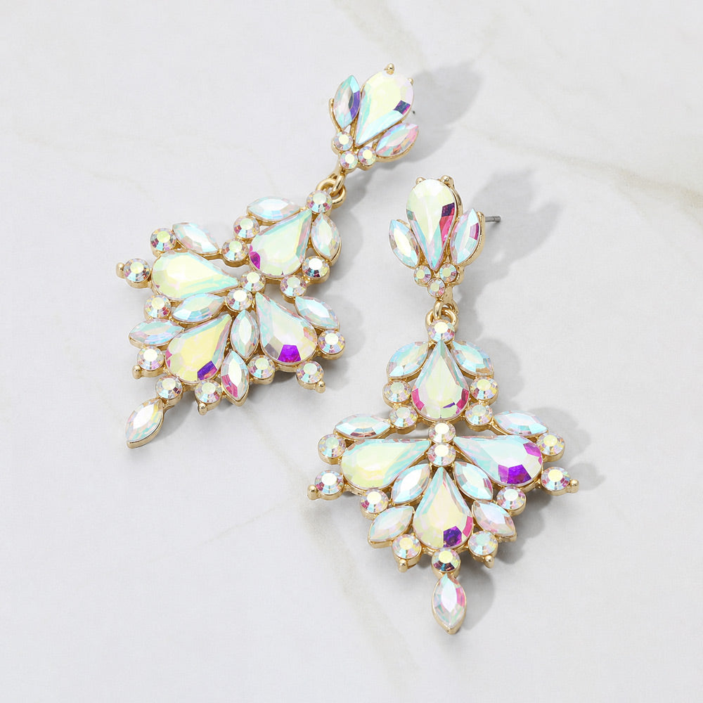 Crystal Floral Chandelier Statement Earrings: AB Gold