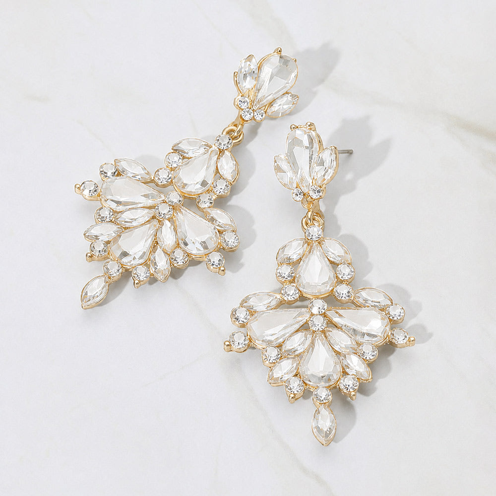 Crystal Floral Chandelier Statement Earrings: Gold