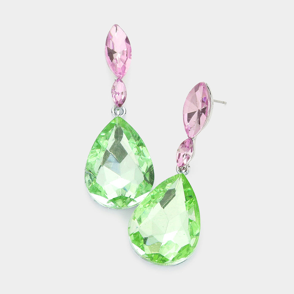 Pink &amp; Grüne Kristall-Ohrringe, mittlere Tropfenform