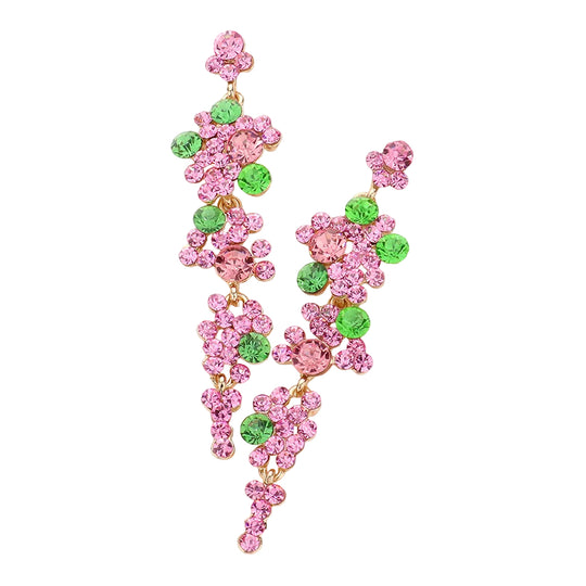 Pink and Green Crystal Floral Cascade Drop Earrings