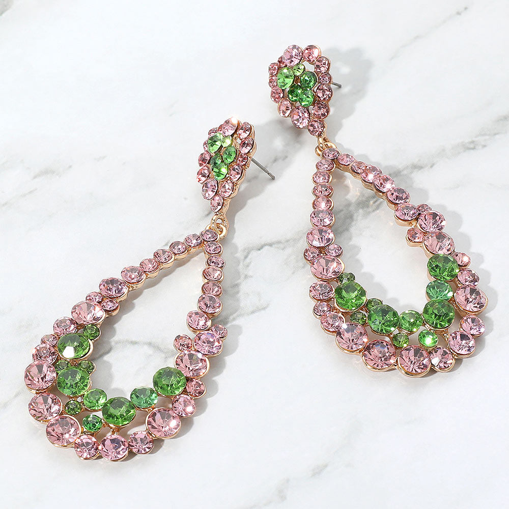 Pink & Green Crystal Loop Tear Drop Earrings
