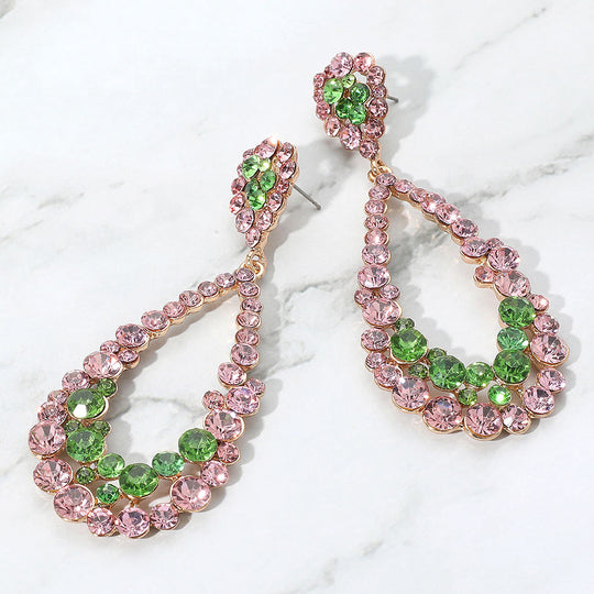 Pink & Green Crystal Loop Tear Drop Earrings