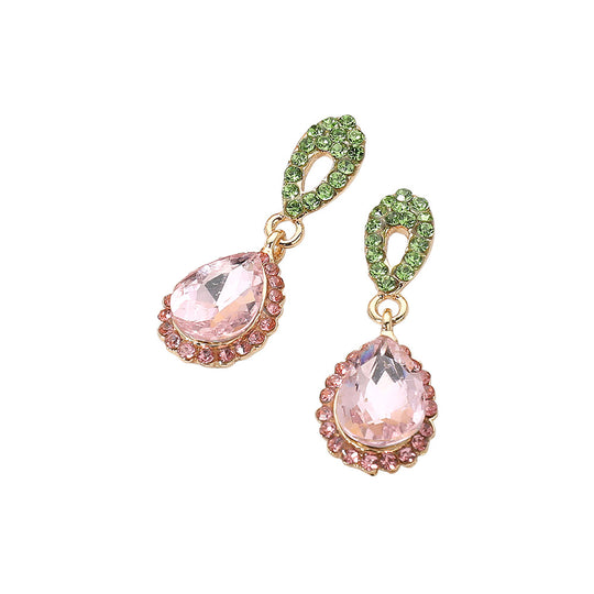 Pink & Green Crystal Small Tear Drop Earrings