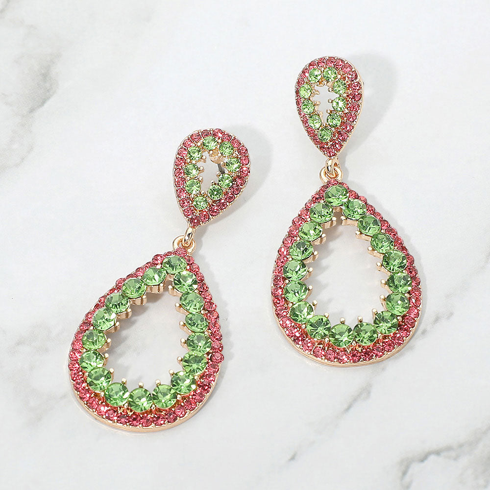 Crystal Teardrop Open Dangle Earrings – Pink Green