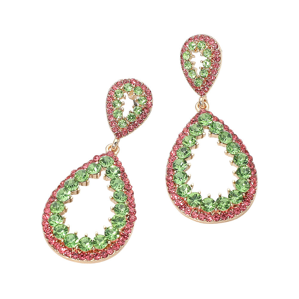 Pair of teardrop-shaped earrings with green and pink gemstones on a white background