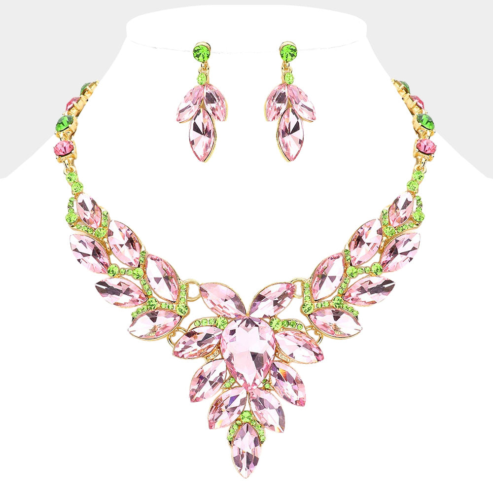 Pink and Green Marquise Crystal Evening Necklace and Earrings Set