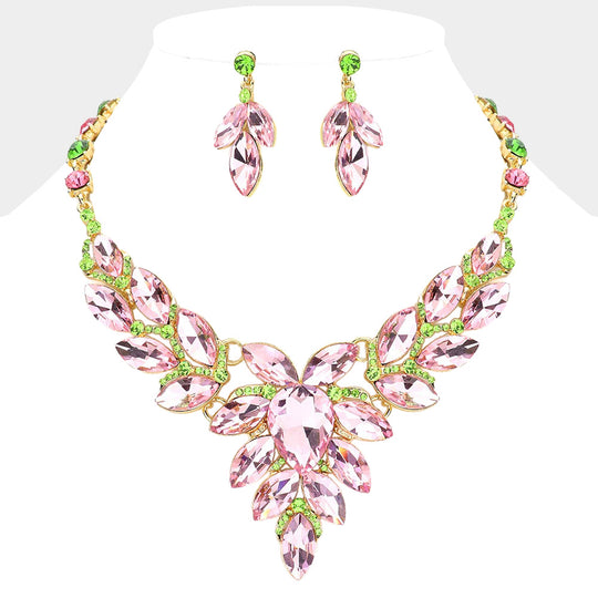Pink and Green Marquise Crystal Evening Necklace and Earrings Set