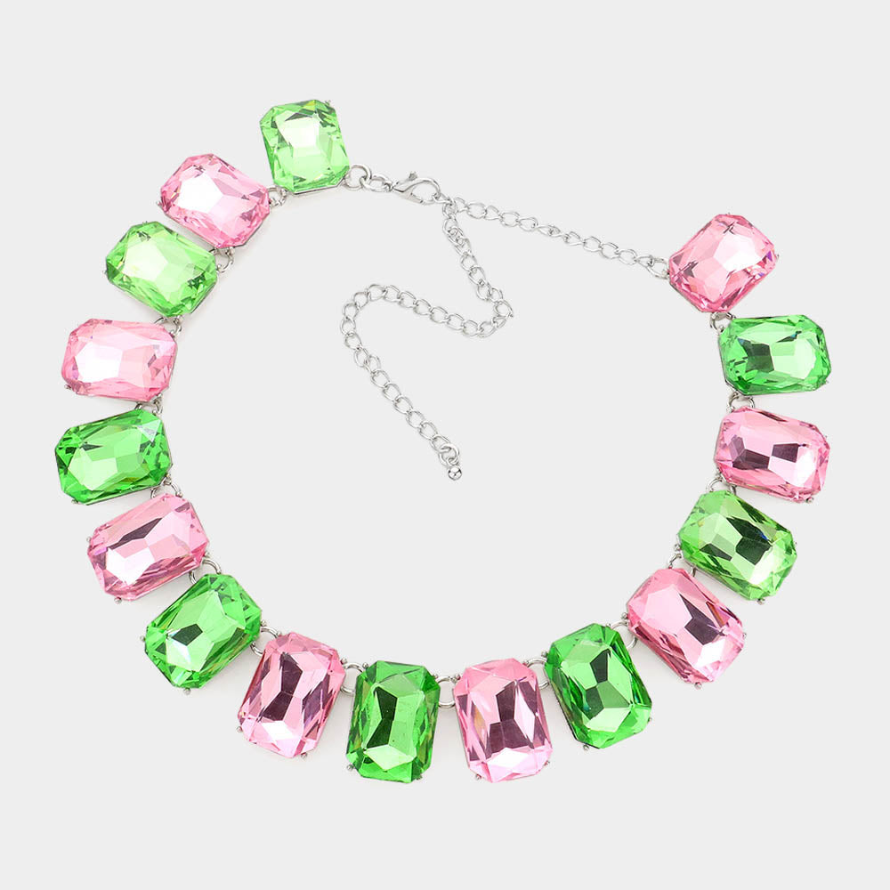Pink Green Octagon Cut Collar Necklace Set