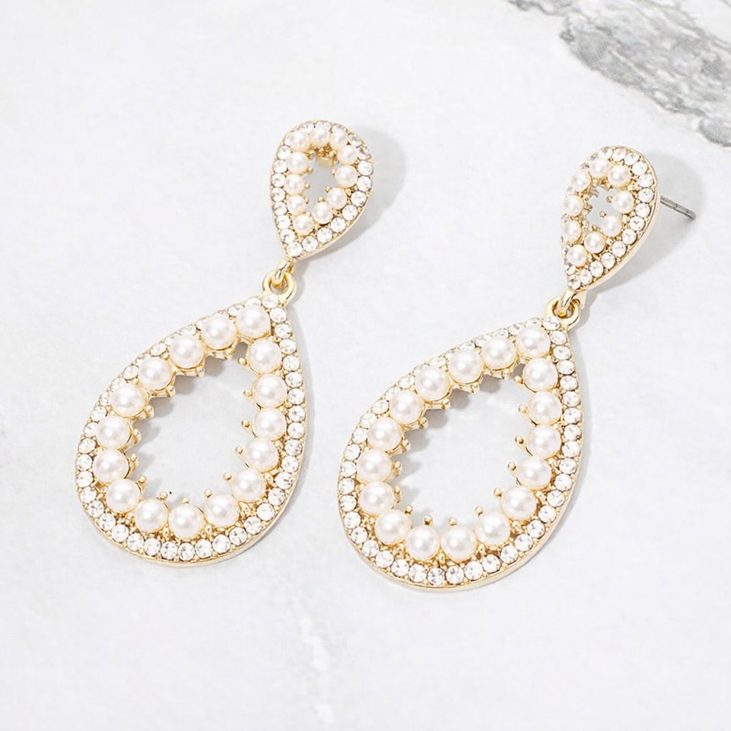 Crystal Teardrop Open Dangle Earrings – Pearl Rhinestone