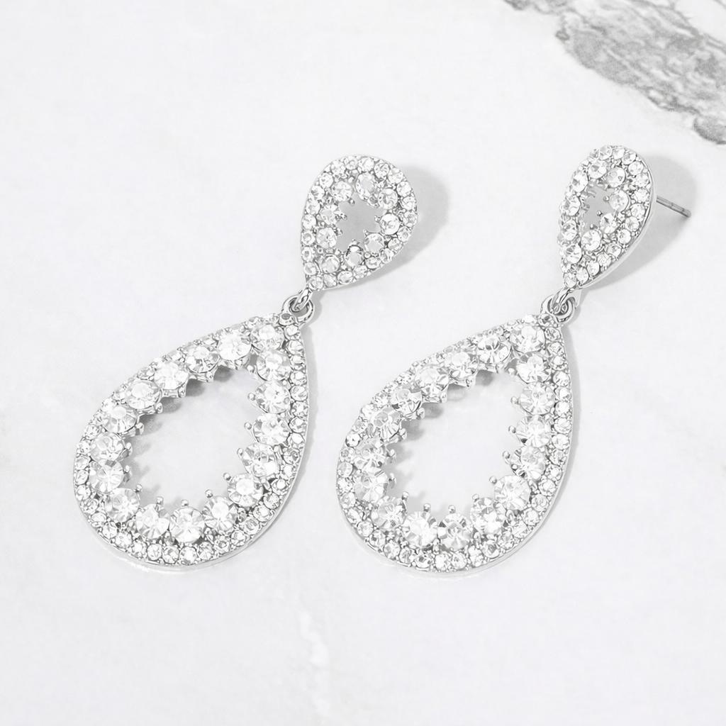 Crystal Teardrop Open Dangle Earrings – Clear Rhodium