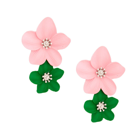 Delicate Flower Pierced Earrings: Pink/Green