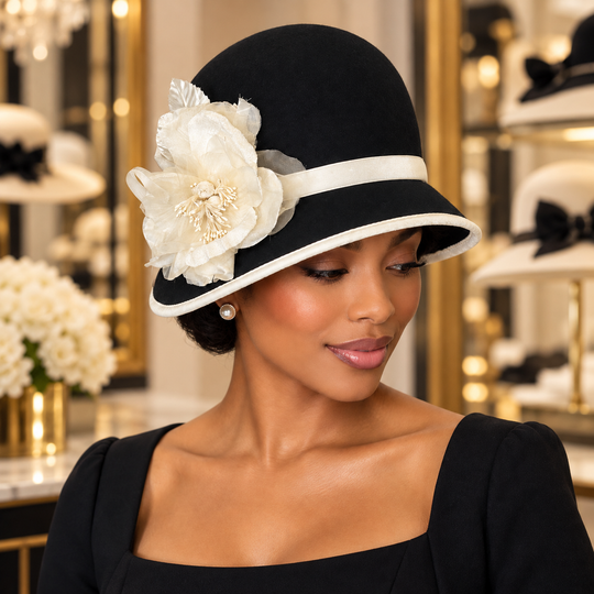 Black &amp; White Cloche Hat with Silk &amp; Velvet Trim