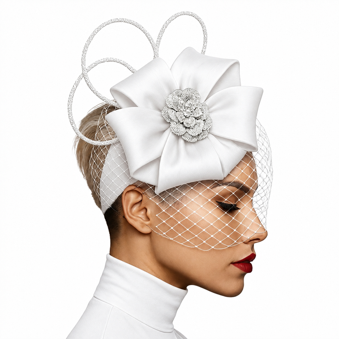 Schwarzer, strukturierter Lourdes Fascinator mit Satinschleife und Strassblüte
