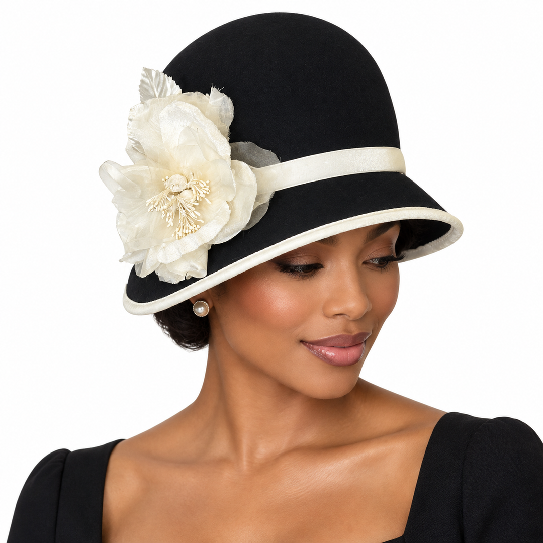 Black &amp; White Cloche Hat with Silk &amp; Velvet Trim