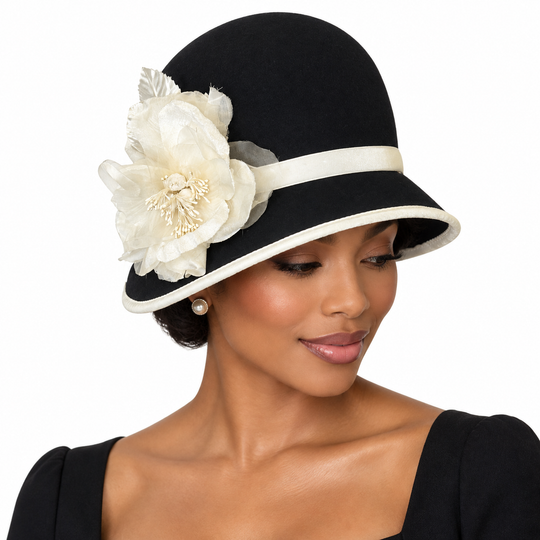 Black &amp; White Cloche Hat with Silk &amp; Velvet Trim