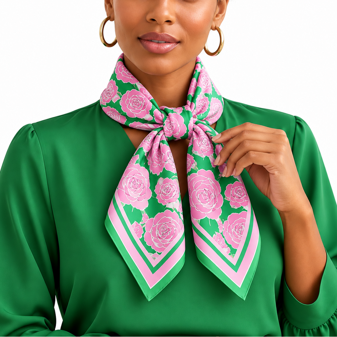A woman wearing a bright green satin blouse and a pink and green floral scarf with a striped border, styled with gold hoop earrings against a white background.