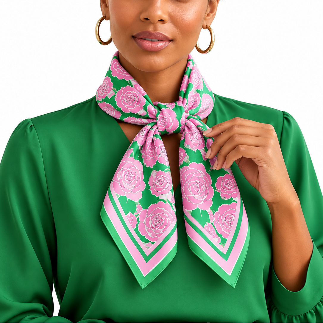 A woman wearing a bright green satin blouse and a pink and green floral scarf with a striped border, styled with gold hoop earrings against a white background.