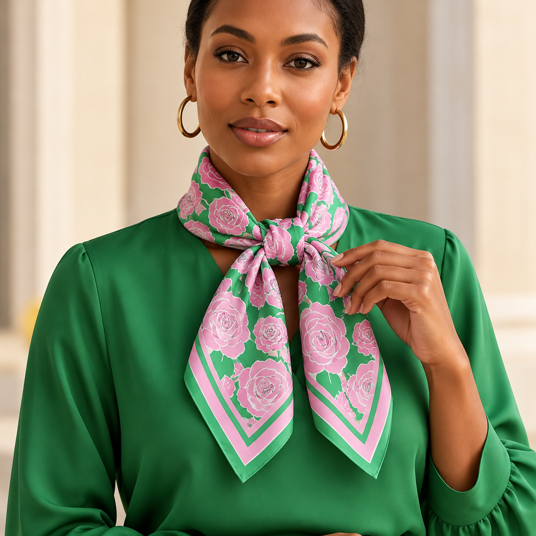 A woman wearing a green satin blouse and a pink and green floral silk scarf tied around her neck, with gold hoop earrings, set against a soft beige background.