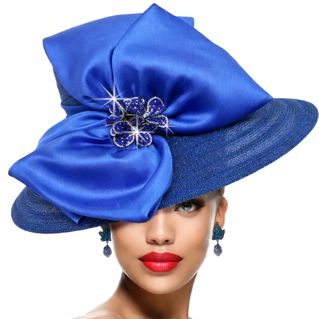 Blue decorative hat with a brooch worn by a model on a gray background