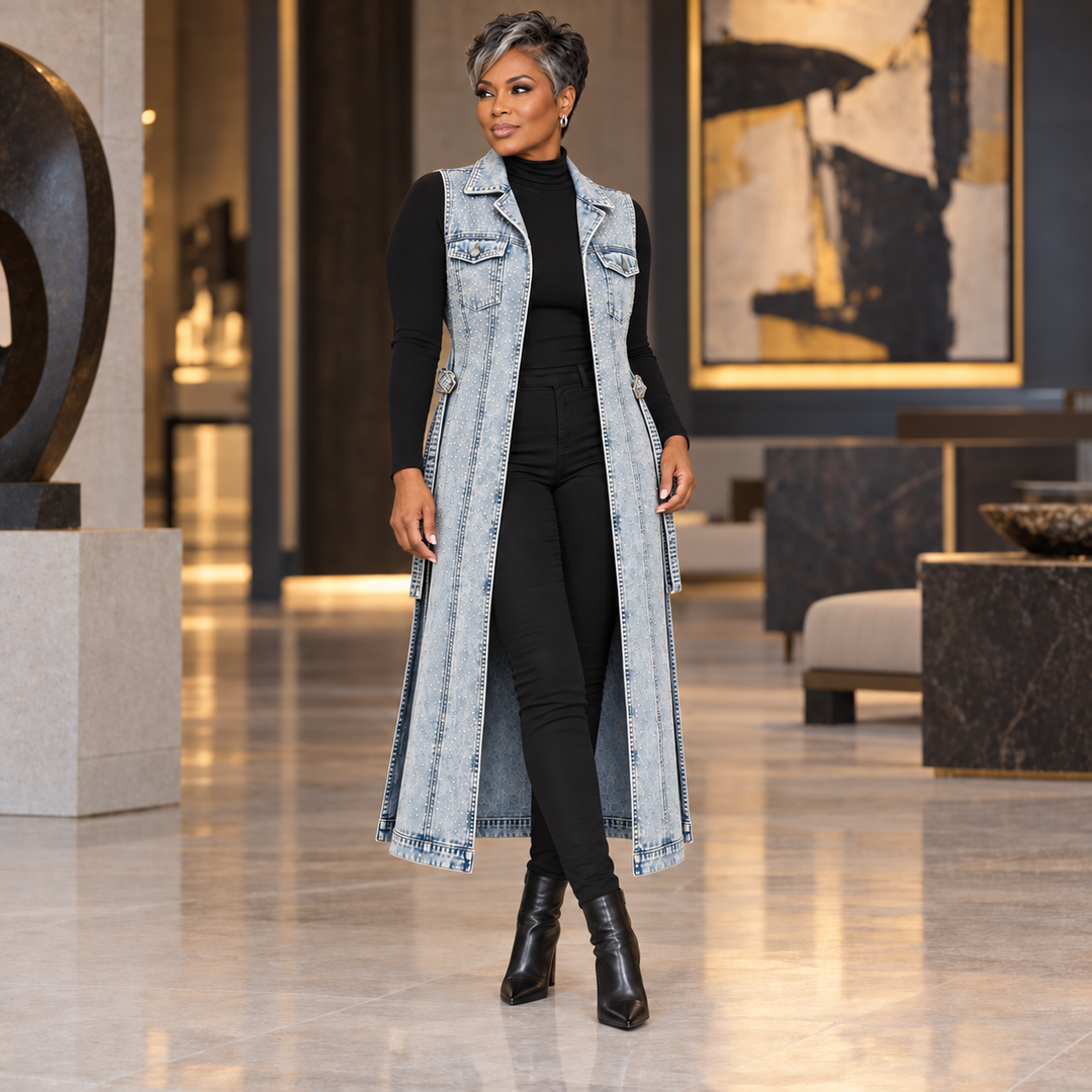 A woman stands in a modern indoor lobby wearing a long light-wash denim vest over a black long-sleeve top and black pants, with black ankle boots.