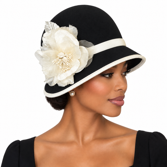 Black &amp; White Cloche Hat with Silk &amp; Velvet Trim