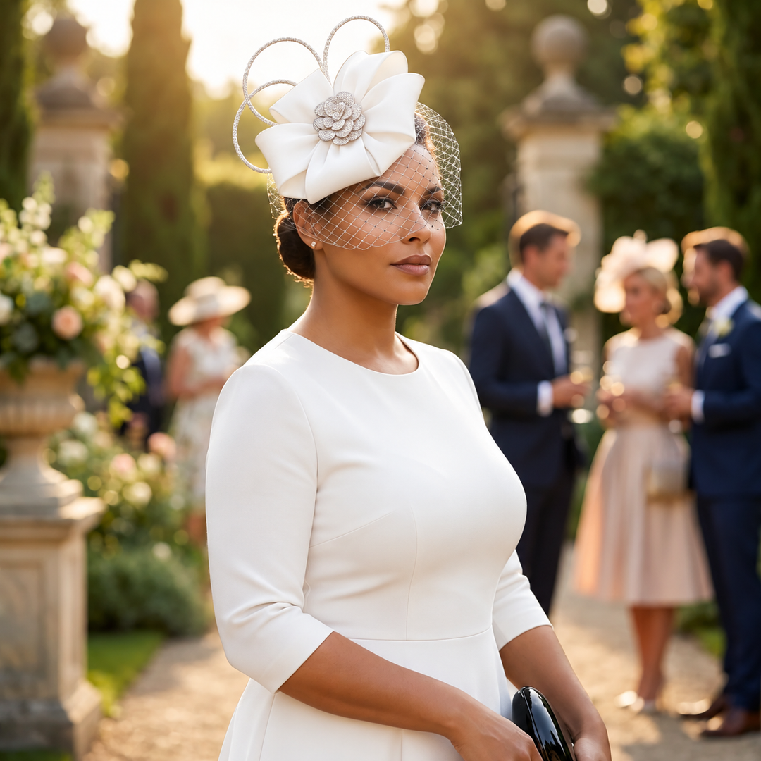 Schwarzer, strukturierter Lourdes Fascinator mit Satinschleife und Strassblüte