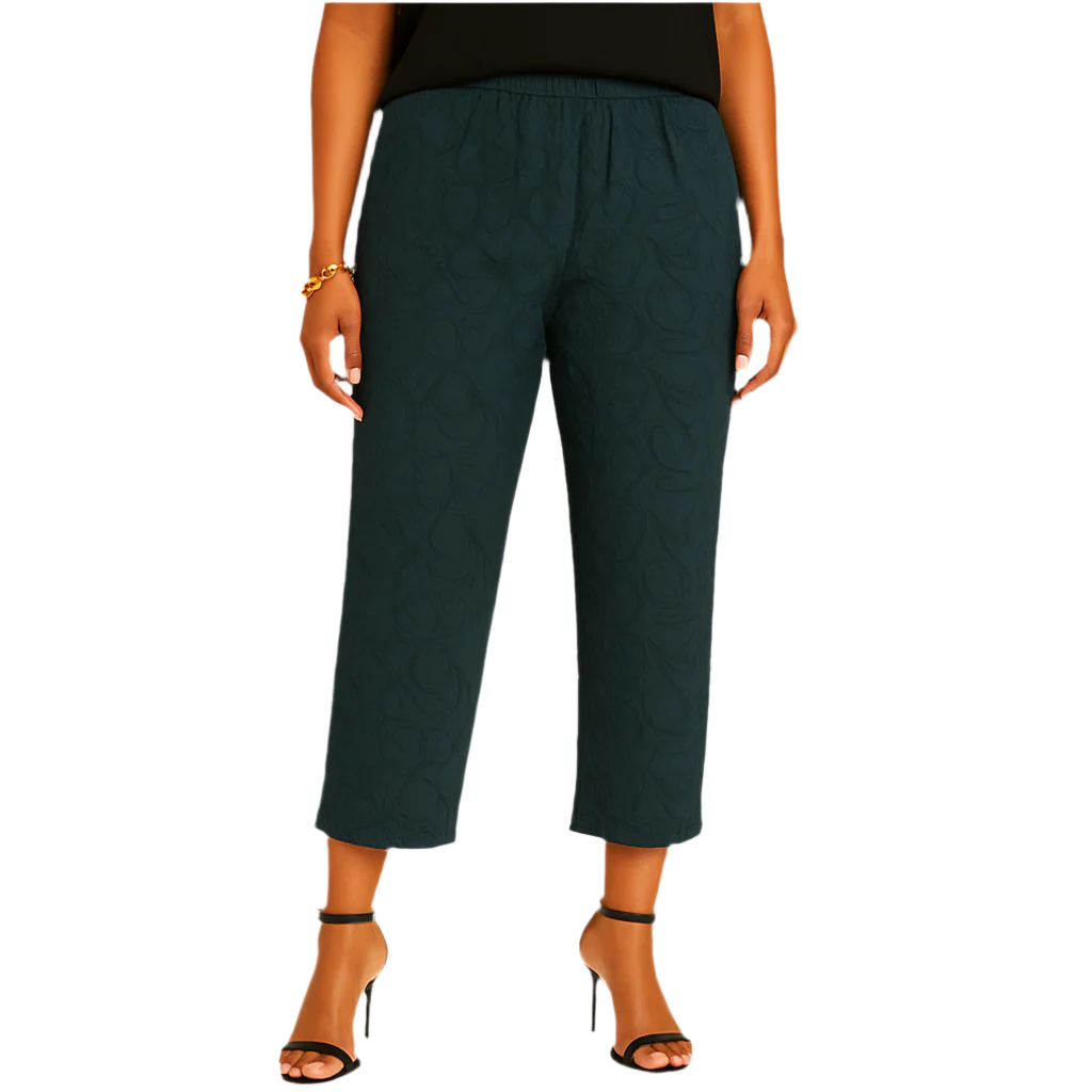 Person wearing dark green pants on a white background