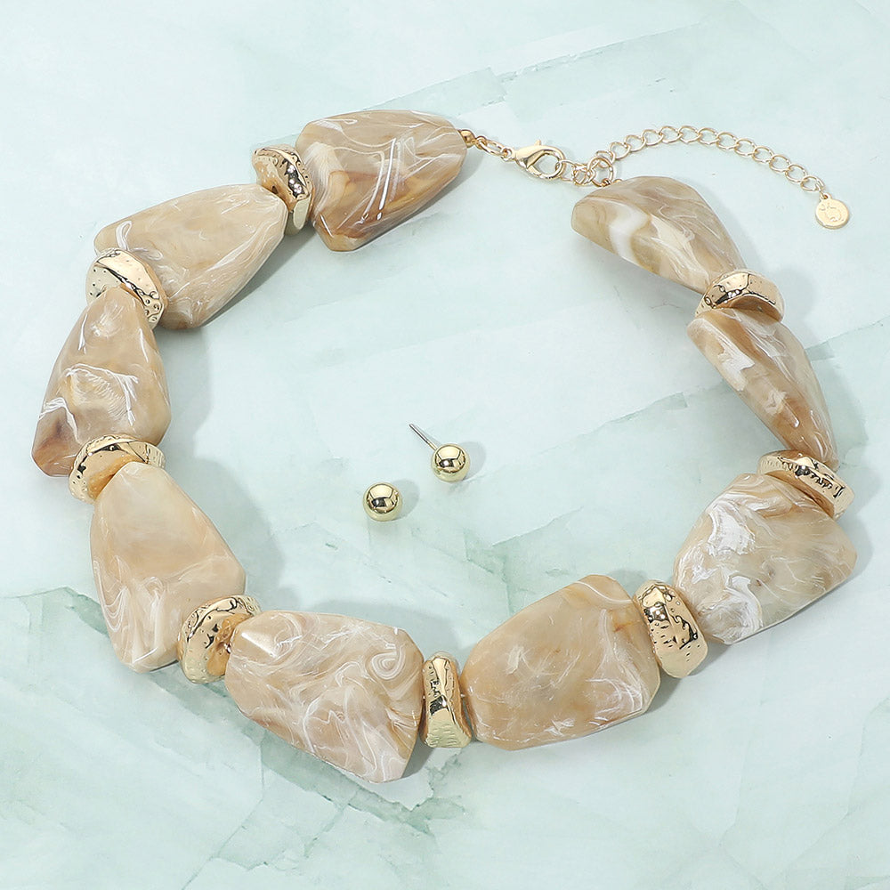 Ivory Stone Bead and Gold-Tone Statement Necklace Set