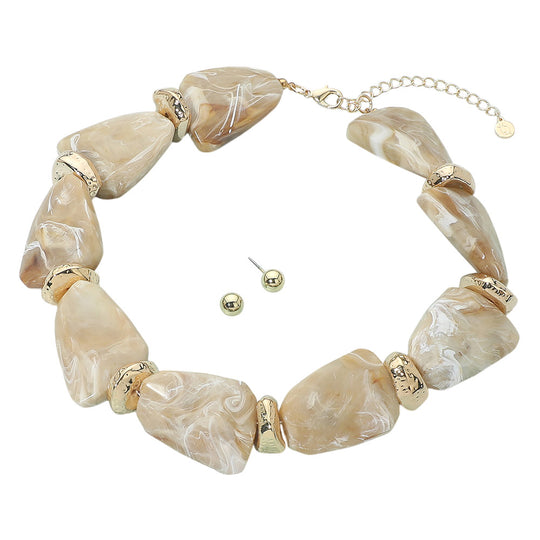 Ivory Stone Bead and Gold-Tone Statement Necklace Set