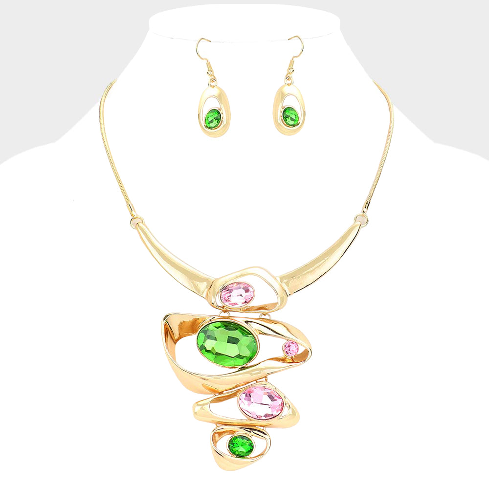 Pink and Green Crystal Statement Necklace and Earring Set - Gold
