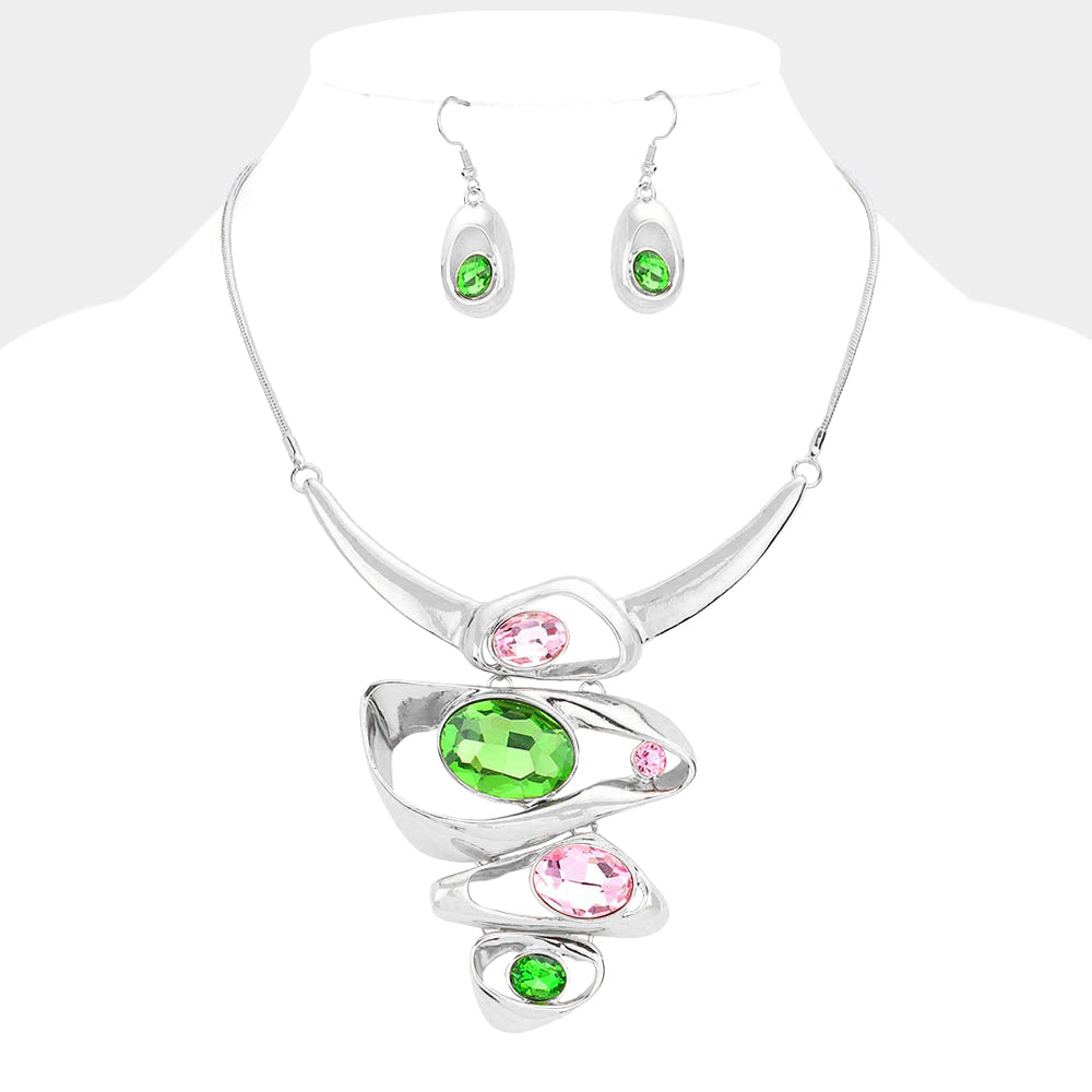 Pink and Green Crystal Statement Necklace and Earring Set - Silver