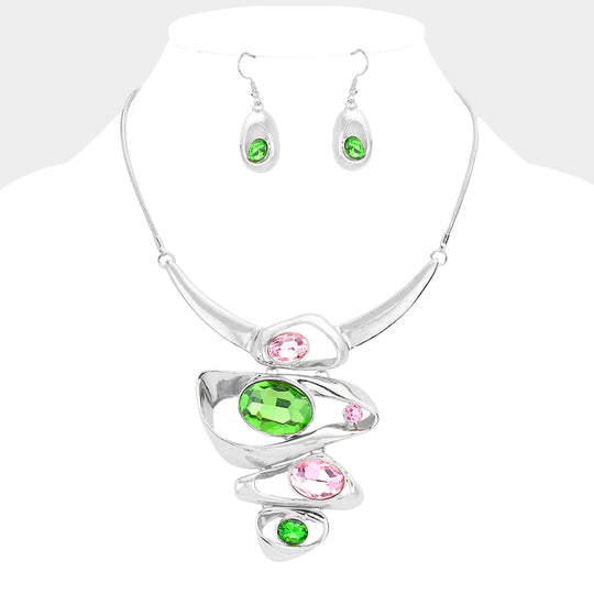 Pink and Green Crystal Statement Necklace and Earring Set - Silver