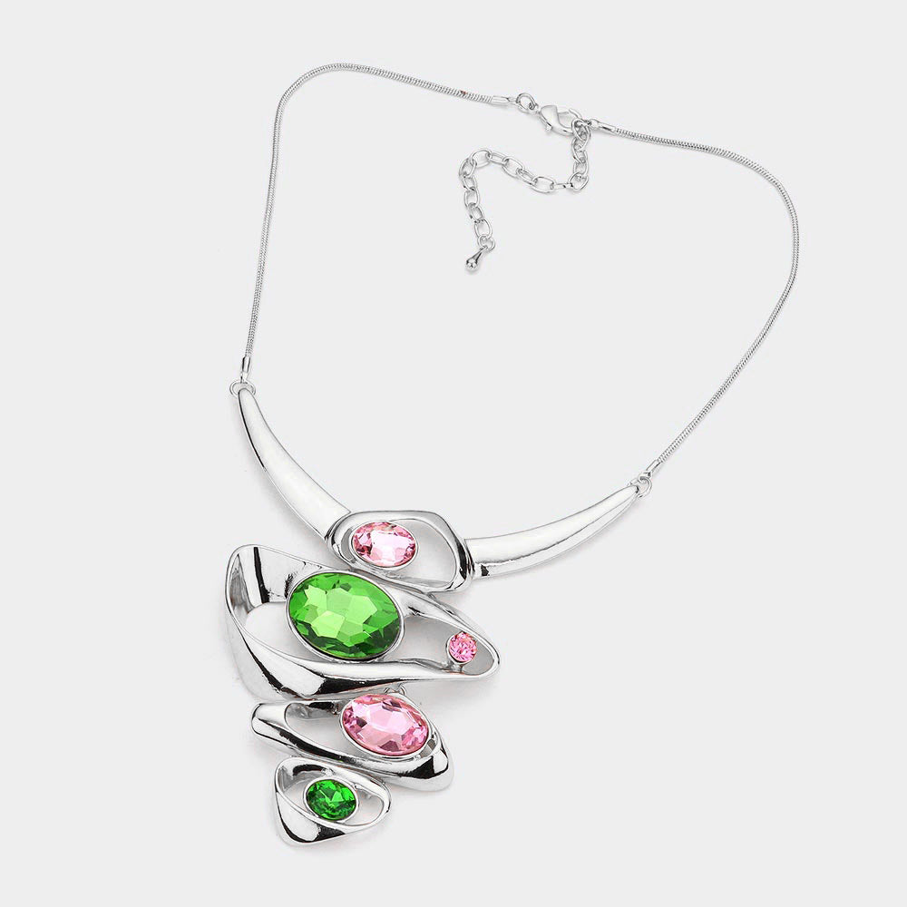 Pink and Green Crystal Statement Necklace and Earring Set - Silver