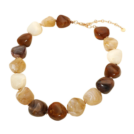 Chunky Marbled Resin Pebble Statement Necklace Set - Brown