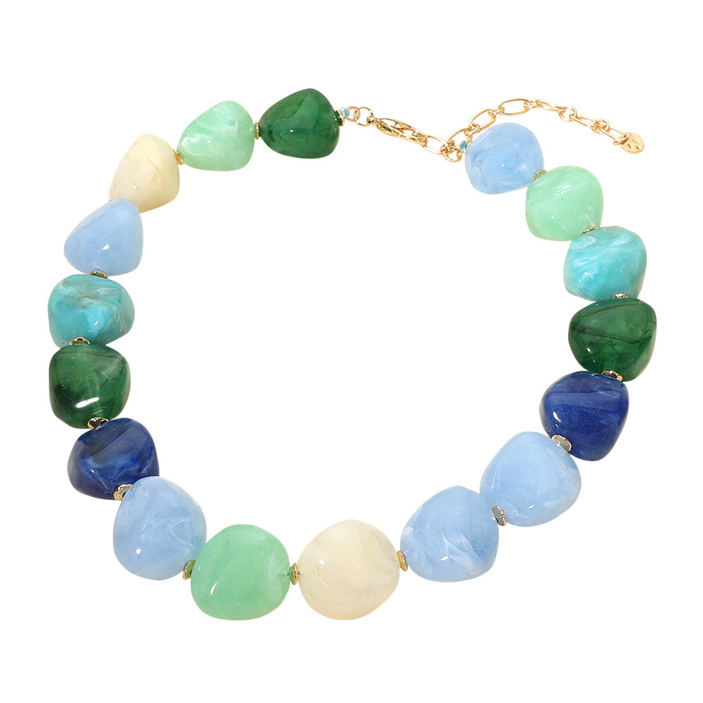 Chunky Marbled Resin Pebble Statement Necklace- Blue