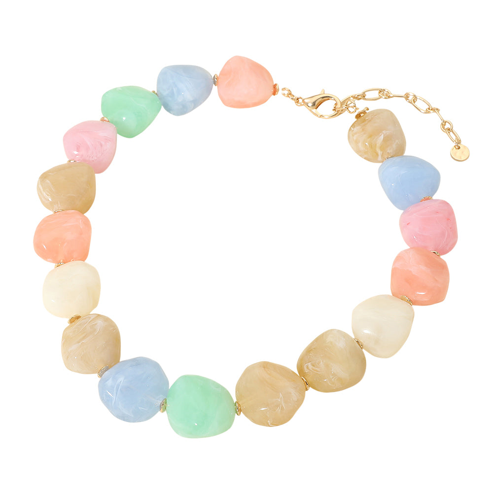 Chunky pastel marbled resin pebble statement necklace with gold accents