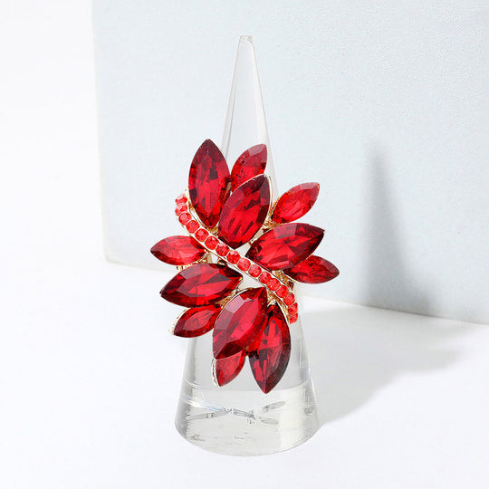 Red Crystal Leaf Stretch Cocktail Ring