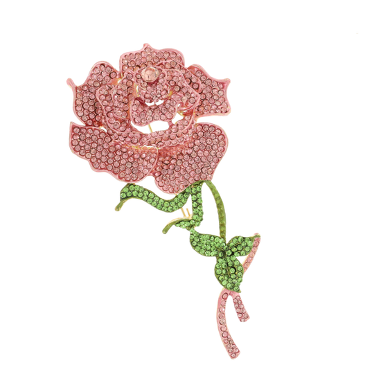 Broche de rosa con diamantes de imitación: verde y rosa
