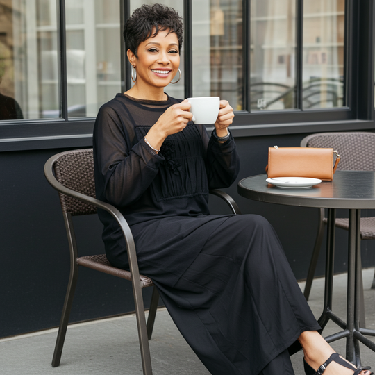 Tilly Tunic with Pleated Chest Panel & Abstract Hem – Black