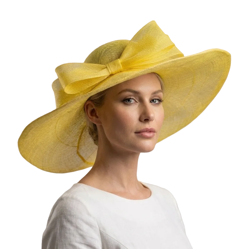 Woman wearing a yellow wide-brimmed hat with a large bow on a neutral background