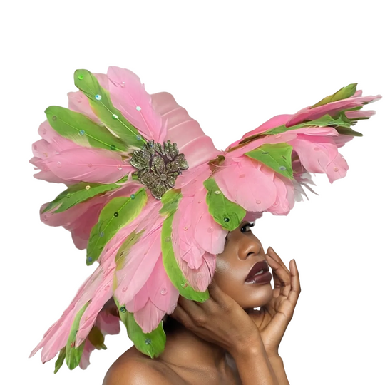 Pink Green Grandeur Feather Brim Hat with Crystal Brooch - Volcano