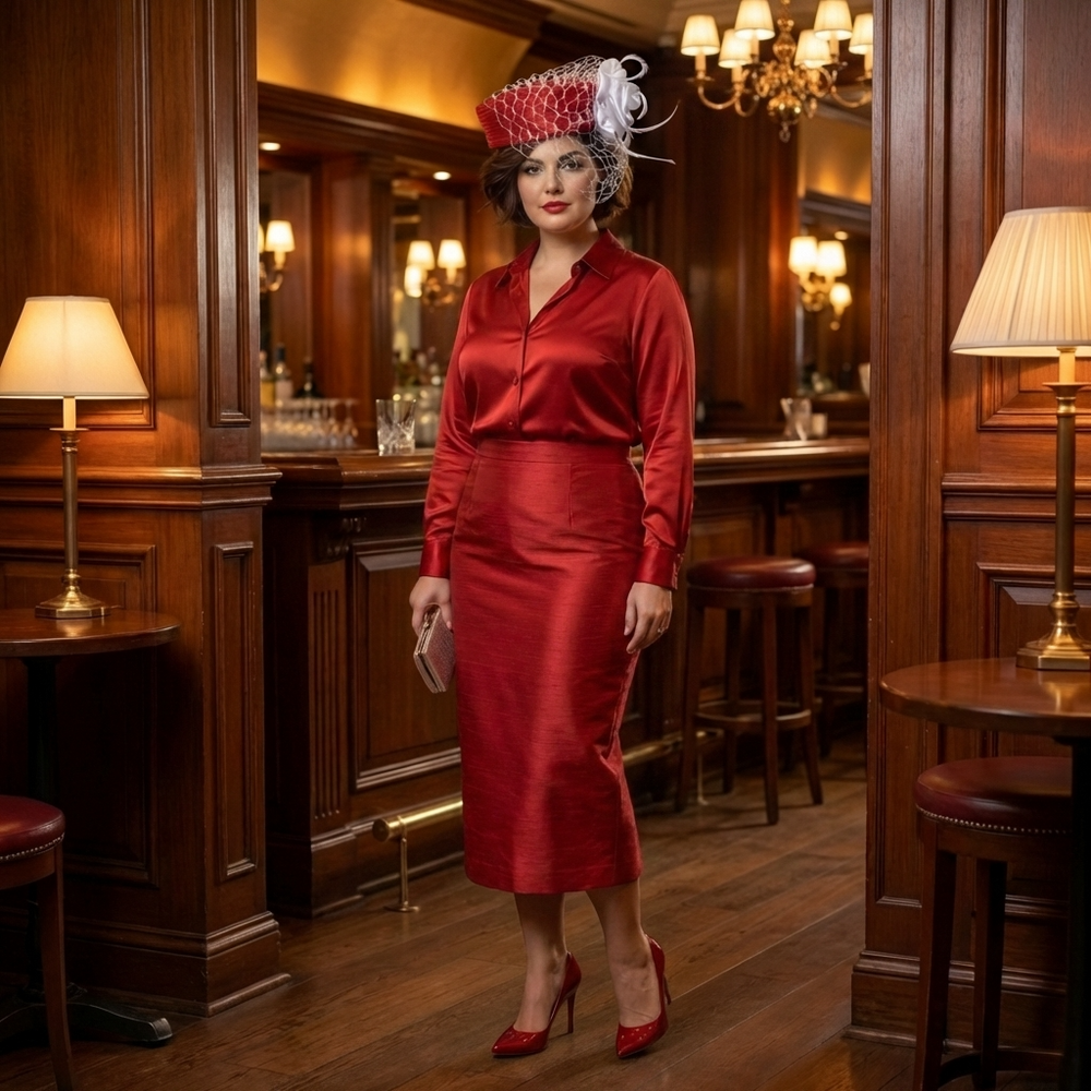 Woman in a red outfit standing in a bar with wooden decor