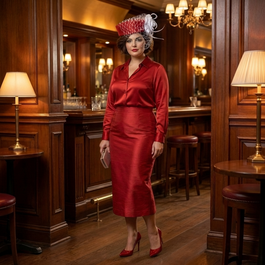 Woman in a red outfit standing in a bar with wooden decor