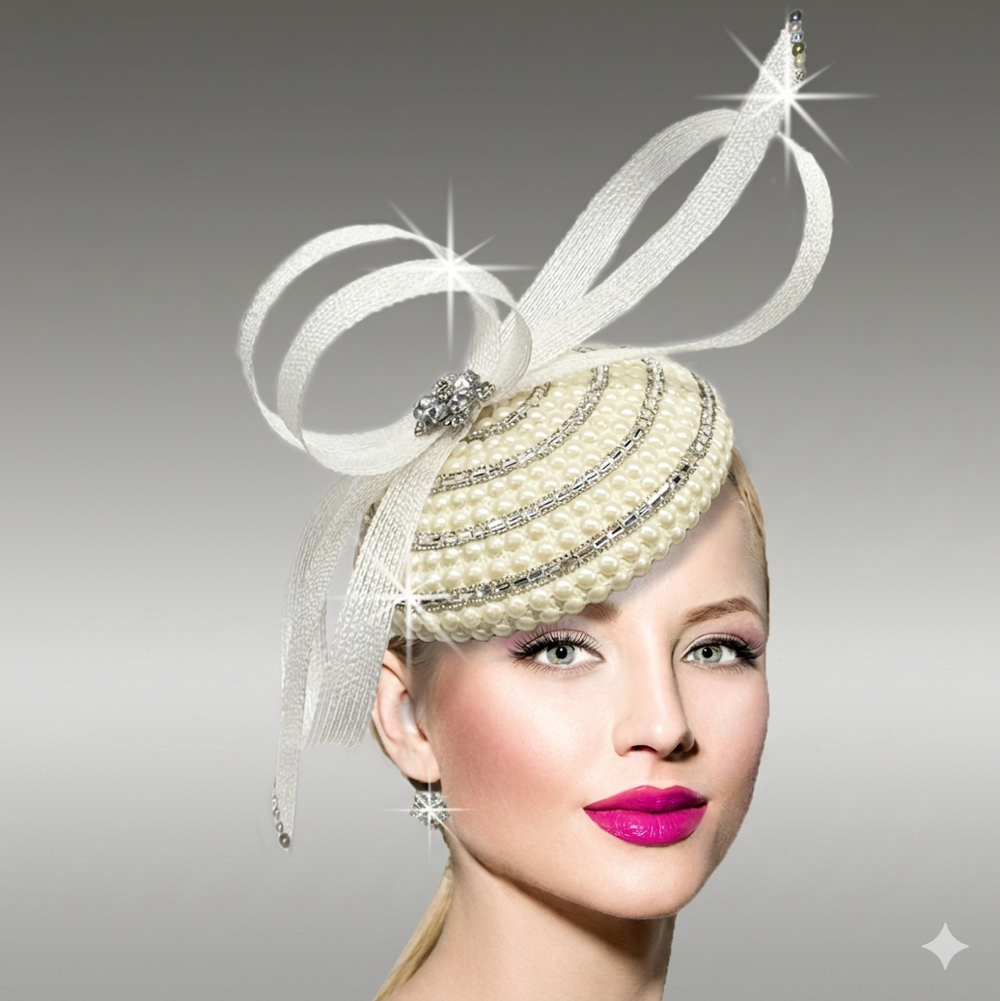 Woman wearing an elegant white hat with decorative elements on a gray background