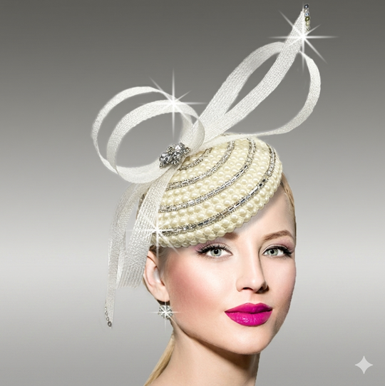 Woman wearing an elegant white hat with decorative elements on a gray background