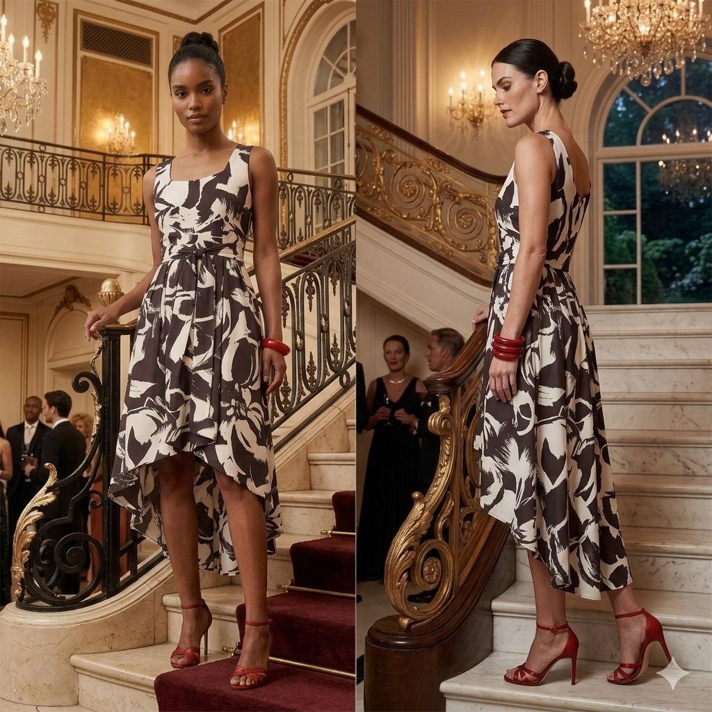 Woman in a patterned dress standing on a staircase in an elegant interior setting.