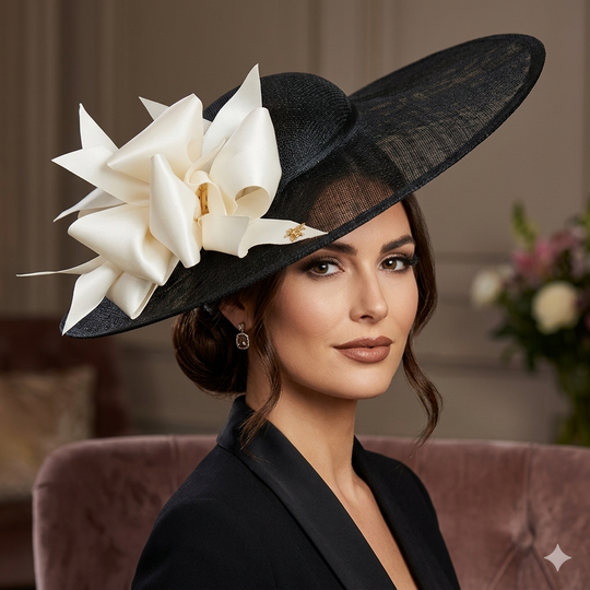 Woman wearing a black hat with a large white flower in an indoor setting