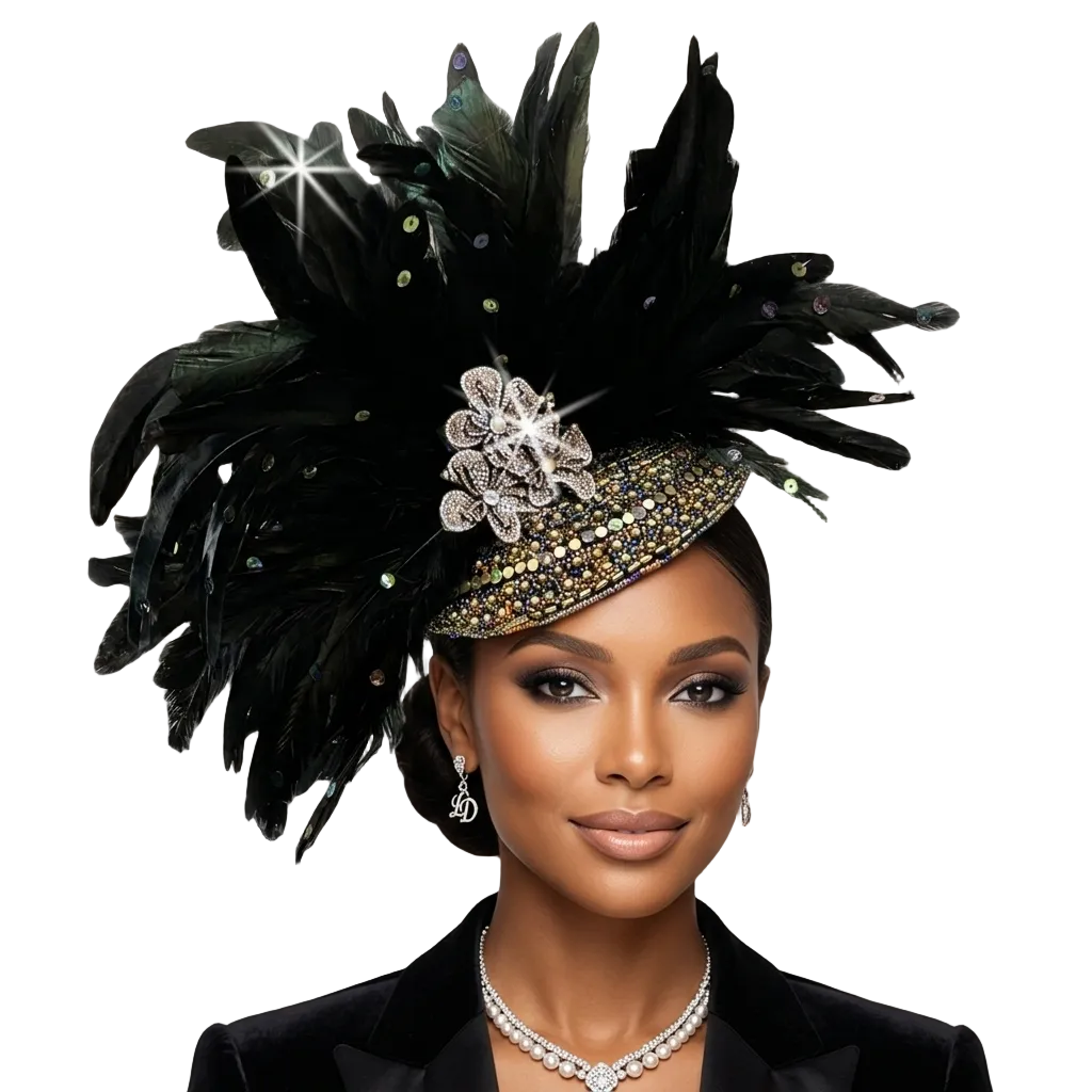 Woman wearing an elaborate black feathered headpiece with a blurred indoor background